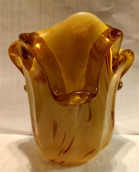 Murano White Cristal Vase Candle Holder Amber Made Italy Ebay