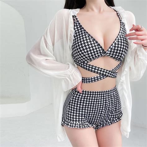 ASUMM Houndstooth Bikini Top Bottom Cover Up Jacket Set