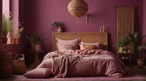 Premium Photo | A bedroom with a pink bed and a lantern hanging from ...