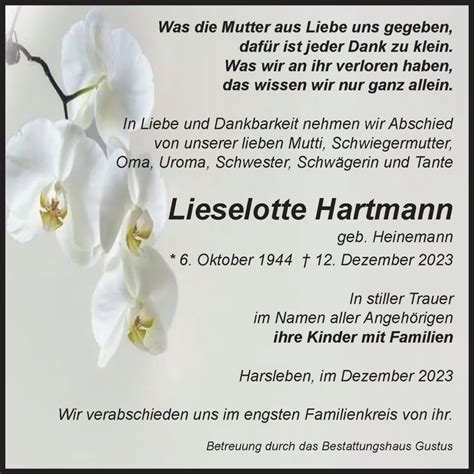 Traueranzeigen Von Lieselotte Hartmann Abschied Nehmen De