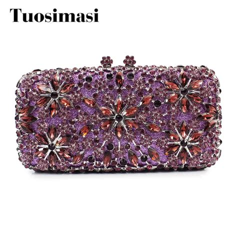 Women Wedding Clutches Bag Flower Crystal Evening Bags Party Purple Purses Small Minaudiere