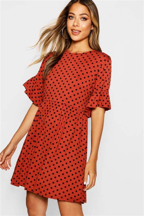 Womens Polka Dot Ruffle Sleeve Smock Dress Orange 10 Smock Dress Bodycon Fashion Polka Dress