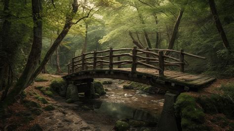 Background Jembatan Kayu Indah Yang Membentang Di Sungai Di Hutan