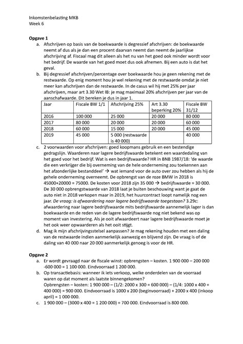 MKB WC 6 Werkcollege Uitwerkingen Week 6 Inkomstenbelasting MKB
