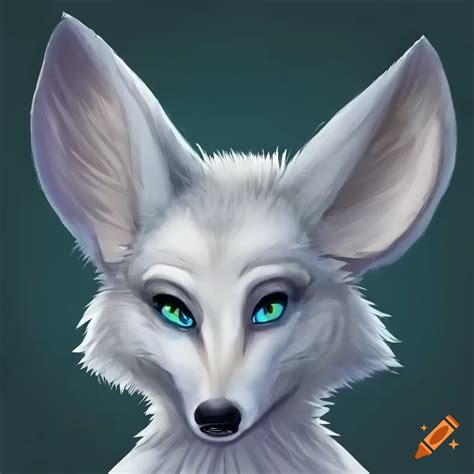 Anthropomorphic Female White Wolf With Fennec Fox Ears And Blue Eyes In