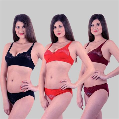 Yana Women Red Black Maroon Self Design Cotton Blend Set Of 3 Bra And Panty 32 Jiomart