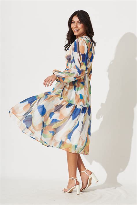 Brenda Midi Dress In White With Rust And Blue Print Chiffon St Frock