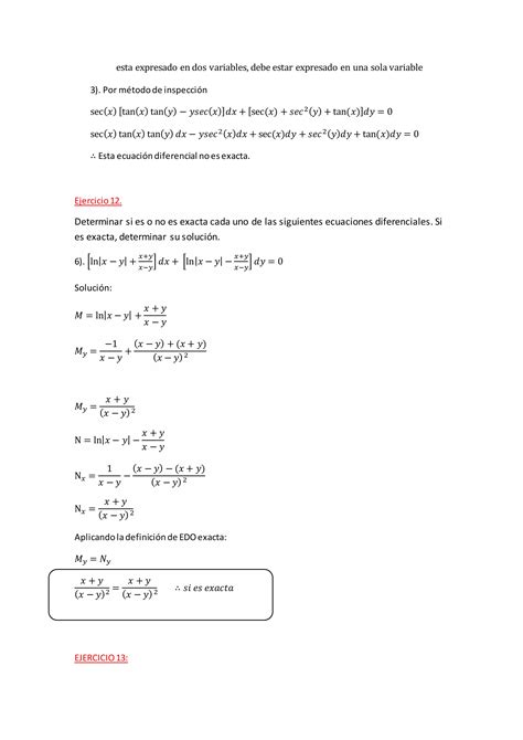 10 Ejercicios De Ecuacion Diferencial Exacta PDF