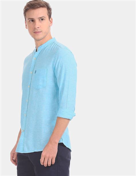 Buy Us Polo Assn Mandarin Collar Linen Cotton Solid Casual Shirt