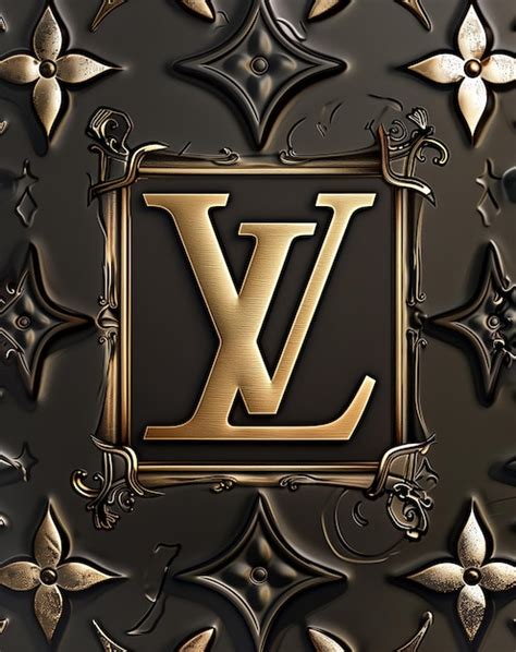 A gold Louis Vuitton logo on a black leather background with embossed ...