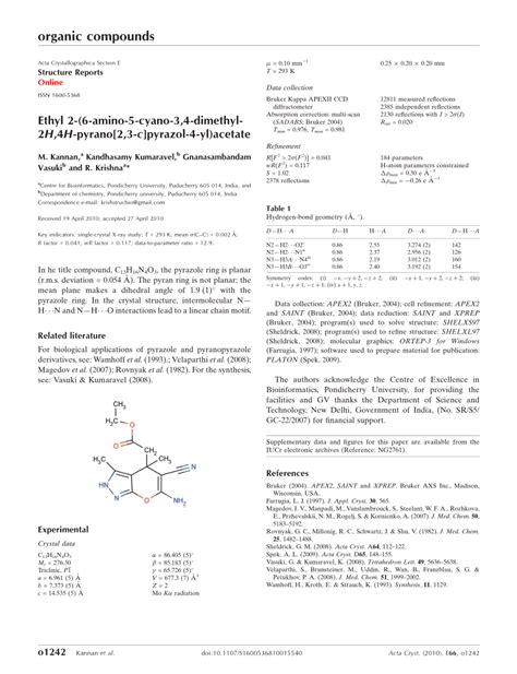 PDF Ethyl 2 6 Amino 5 Cyano 3 4 Dimethyl 2H 4H Pyrano 2 3 C Pyrazol