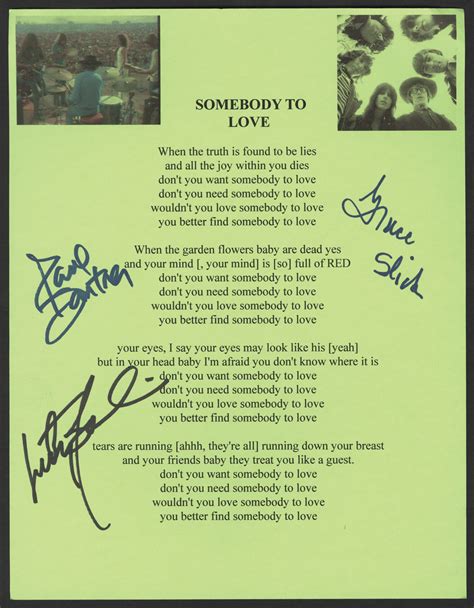 Lot Detail Jefferson Airplane Signed Somebody To Love Lyrics Sheet