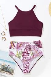 Angelsin Yüksek Bel Baskılı Tankini Bikini Takım Bordo Bikini Takımı