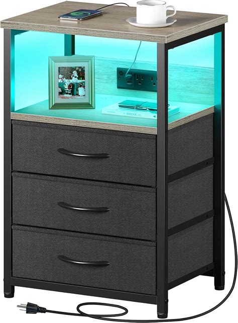 Seventable Nightstand With Charging Station Side Table With 3 Fabric