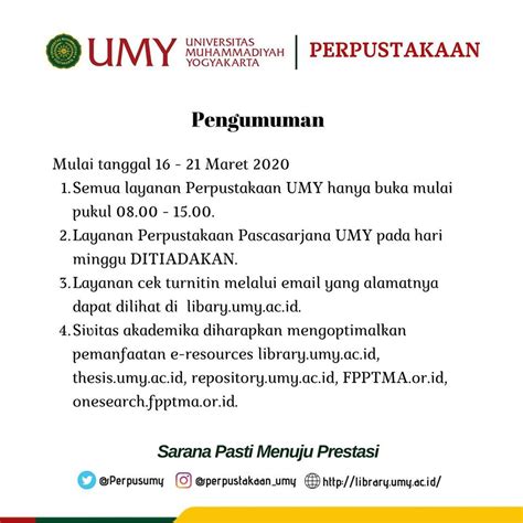 Pengumuman Jam Layanan Perpustakaan Perpustakaan Umy