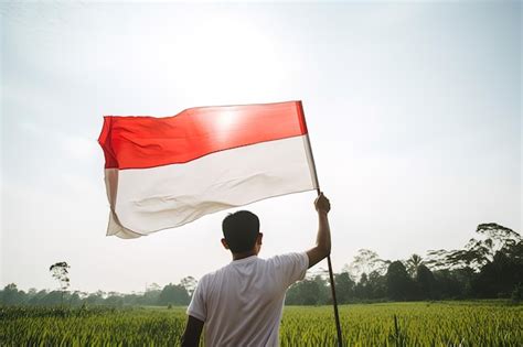 Premium Photo A Man Holding A Red And White Indonesia Flag On Top Of