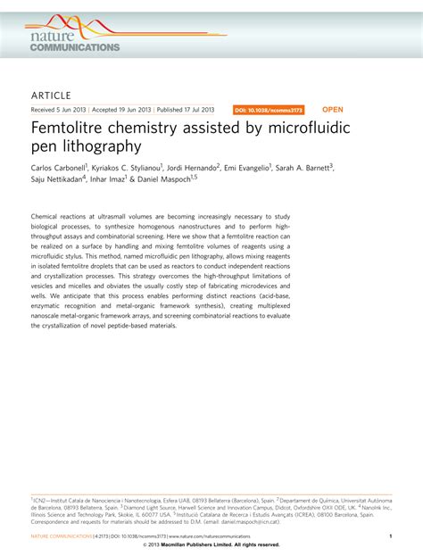 Pdf Femtolitre Chemistry Assisted By Microfluidic Pen Lithography