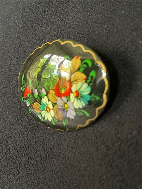 S S Russian Black Lacquer Hand Painted Floral Gem