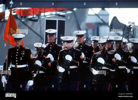 A Marine Corps Honor Guard Performs At The Bath Iron Works Shipyard