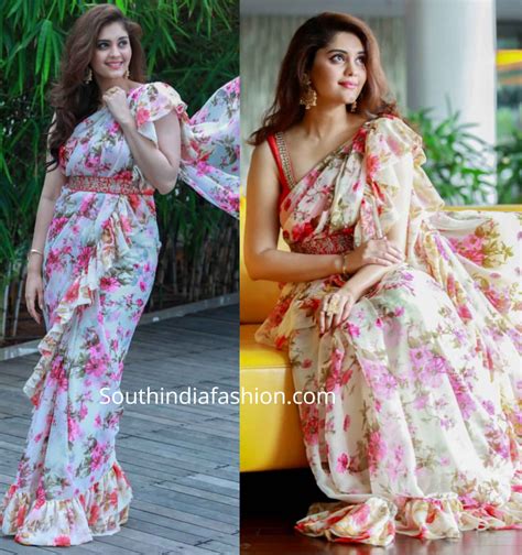 Surbhi Puranik In A Floral Printed Ruffle Saree South India Fashion