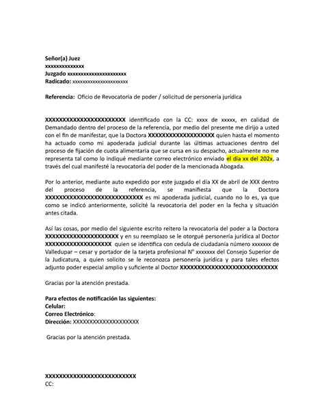 Oficio de Revocatoria de poder solicitud de personería jurídica