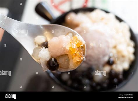 Eating Shaved Ice With Colorful Dessert Stock Photo Alamy