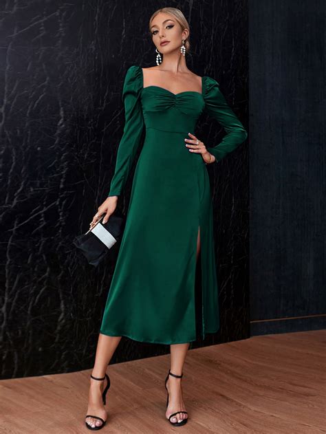 Double Crazy Sweetheart Neck Split Thigh Satin Dress Green Satin