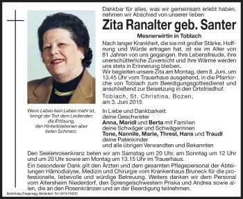 Traueranzeigen Von Zita Ranalter Trauer Bz