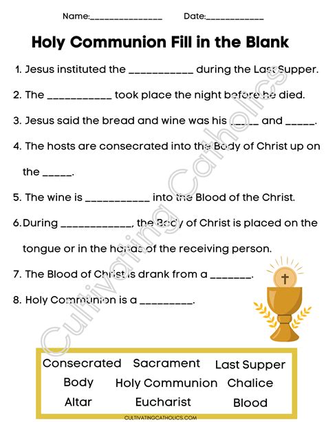 First Communion Fill In The Blank Printable Worksheet Cultivating