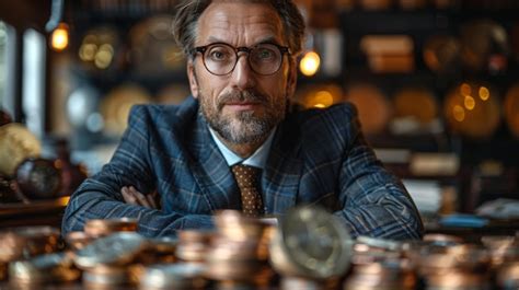 Premium Photo Man In Suit And Tie Sitting At Table With Coins