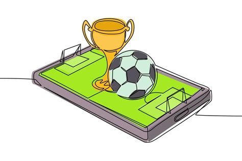 Single Continuous Line Drawing Soccer Ball And Trophy Cup Over Virtual