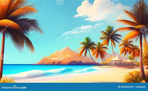 Playa Tropical Con Palmeras Ai Generado Stock de ilustración