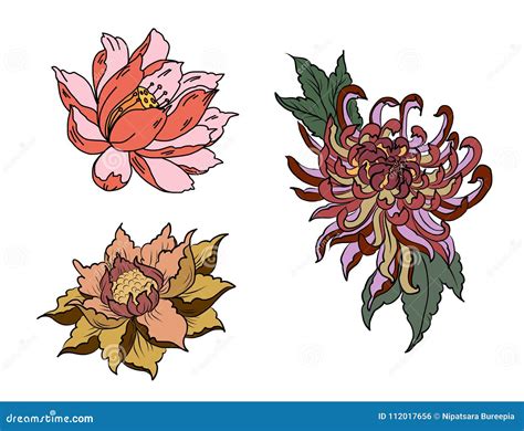 Hand Drawn Peony Flower Lotus And Chrysanthemum Flower Chinese Style