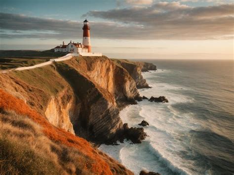 Premium AI Image | Cliffside Lighthouse and Sunset