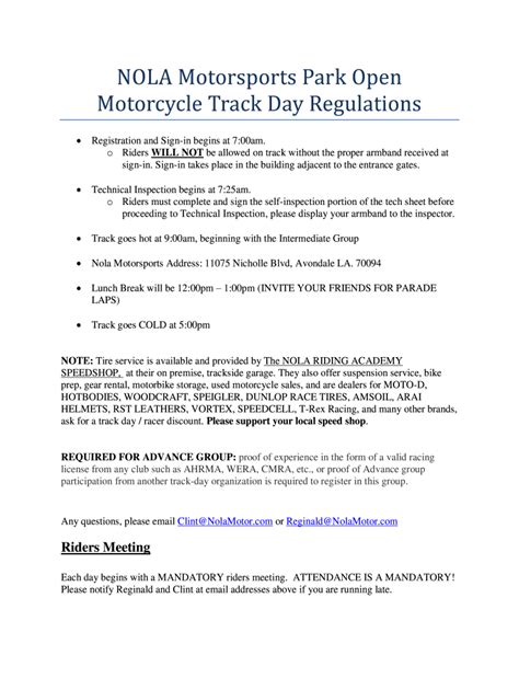 Fillable Online Nola Motorsports Park Open Motorcycle Track Day