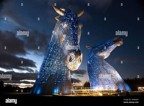 The Beautiful Kelpies Art Installation Illuminated At Night Falkirk