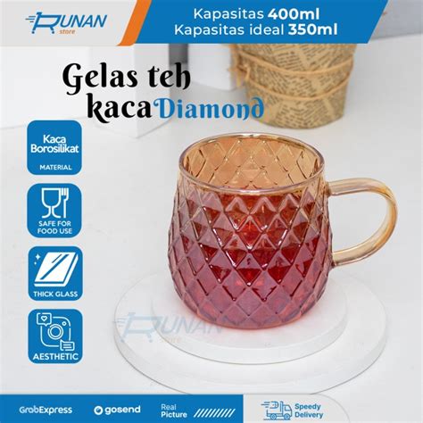 Jual Gelas Kaca 400ml Diamond Glass Gold Estetik Gelas Minum Kopi Teh