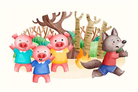 Free Vector Watercolor The Three Little Pigs Illustration