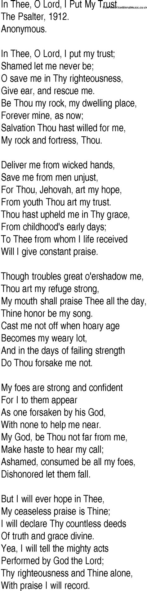 Hymn And Gospel Song Lyrics For In Thee O Lord I Put My Trust By The Psalter 71