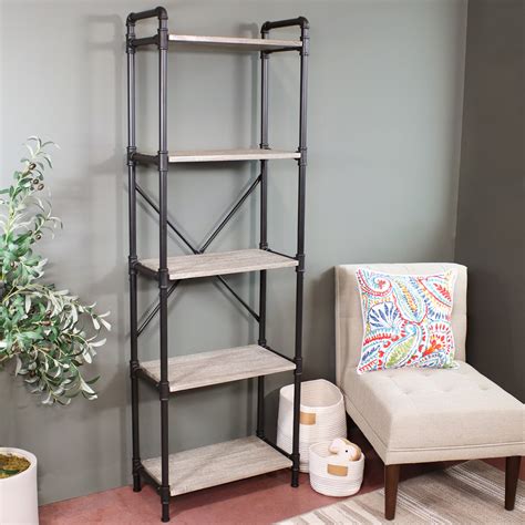 Sunnydaze 5 Tier Black Pipe Bookshelf Wood Veneer Shelves Oak Gray