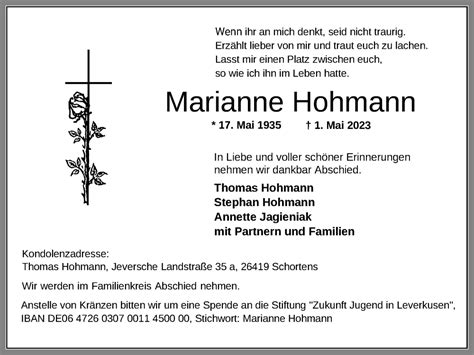 Traueranzeigen Von Marianne Hohmann Nordwest Trauer De