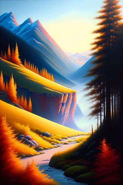 Premium AI Image | A painting of a mountain landscape with a road ...