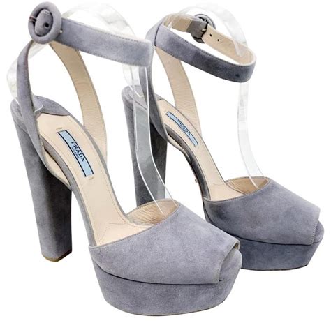 Prada Gray Sandals Heeled Suede Ankle Strap Platforms Size Us