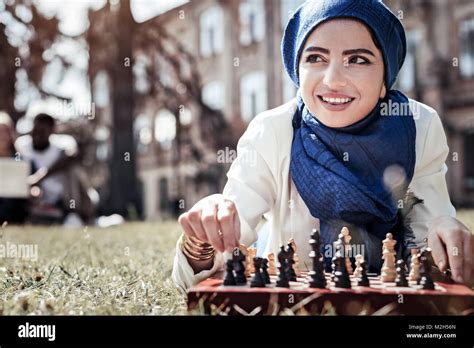 Delighted Smart Woman Playing Chess Stock Photo Alamy