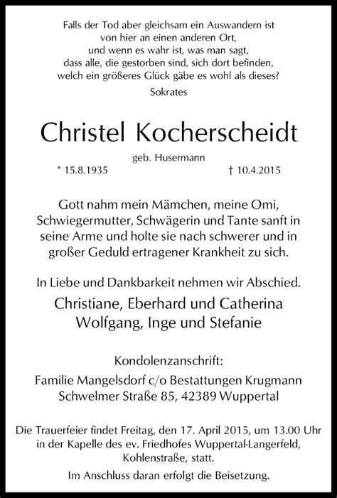 Traueranzeigen Von Christel Kocherscheidt Trauer In Nrw De