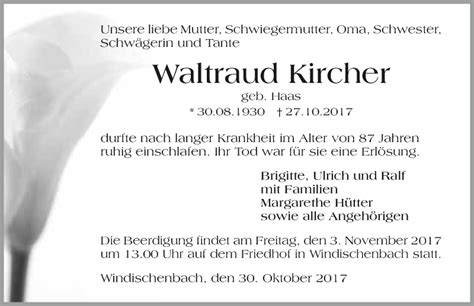 Traueranzeigen Von Waltraud Kircher Trauerundgedenken De