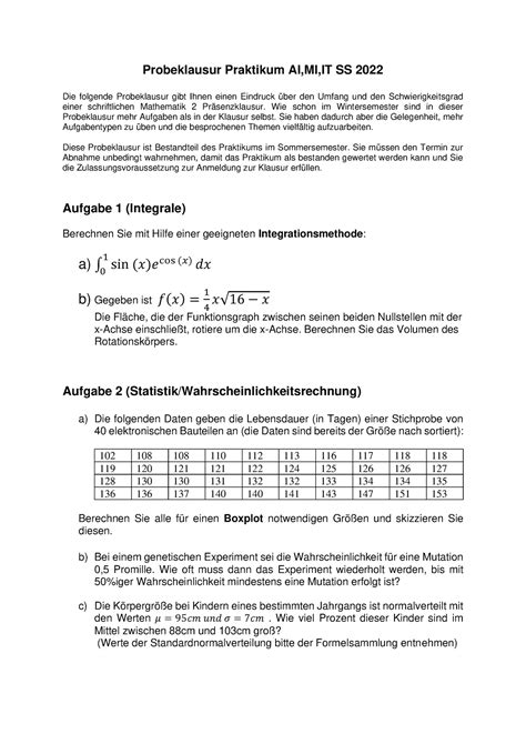 Probeklausur SS 2022 Asdas Probeklausur Praktikum AI MI IT SS 2022