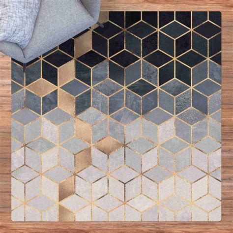 Kork Teppich Blau Wei Goldene Geometrie Quadrat