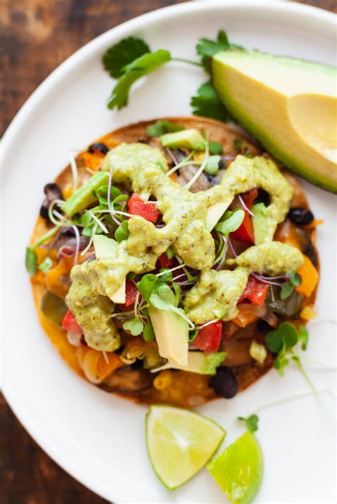 Roasted Veggie Tostadas With Poblano Cream Sauce