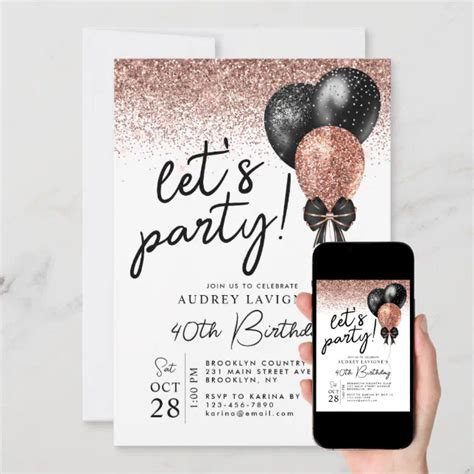 Pink Rose Gold Black Glitter Balloon Birthday Invitation Zazzle